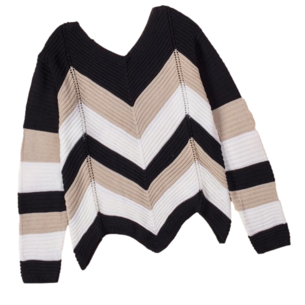 Roman Chevron Design Colorblock Knit Sweater, Women’s S, Black Beige White